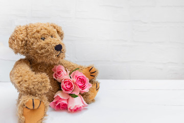 Vintage brown teddy bear holding pink roses on white background
