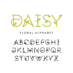 Vector Floral thin line uppercase alphabet decorated with leaves. For logo design, feminine branding