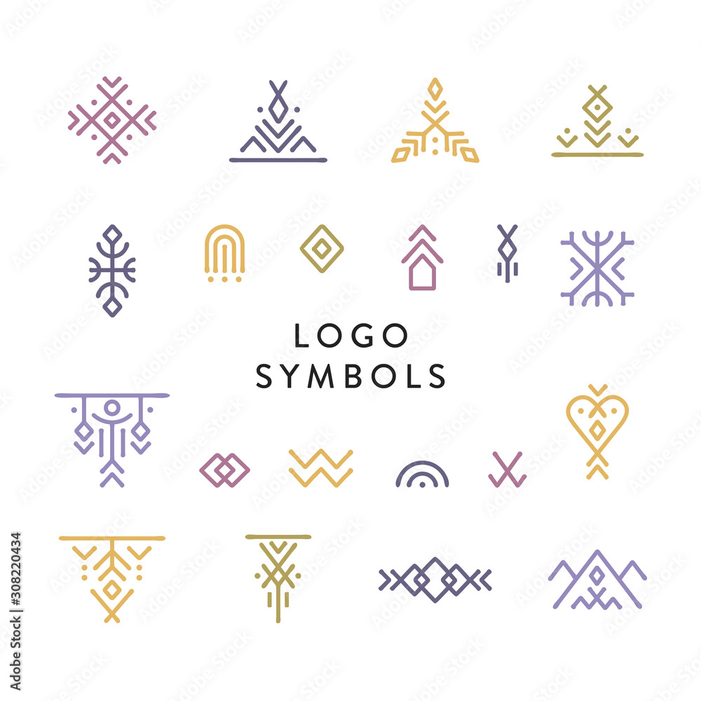 Poster vector set of line art symbols for logo design in boho and hipster style.