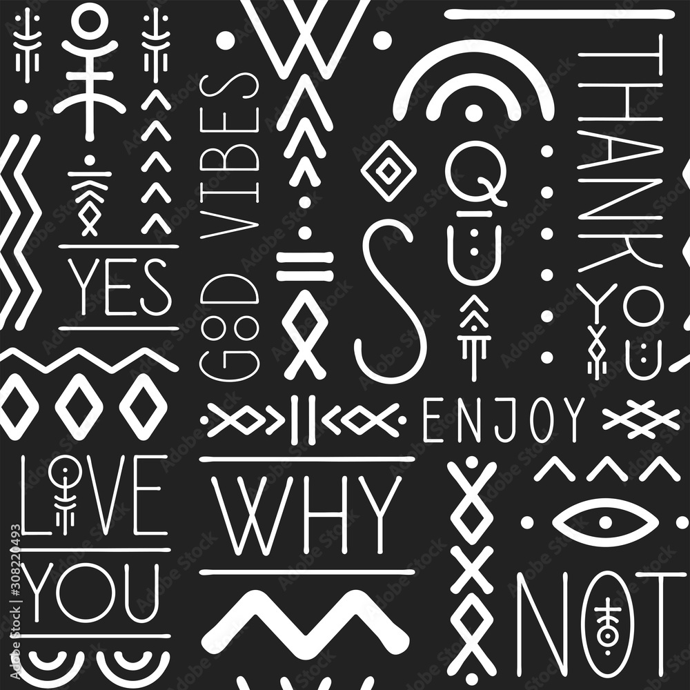 Poster typographic seamless pattern made of thin line letters and geometric symbols.