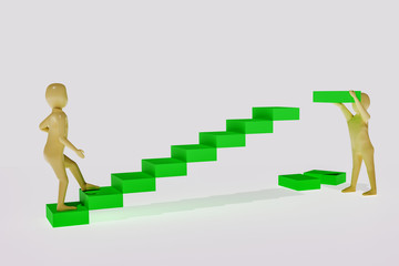 Characters build stairs and run high, 3d illustration