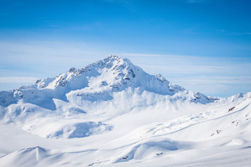 Winter panoramic view of the snowy high mountains of Elbrus in the Russia
