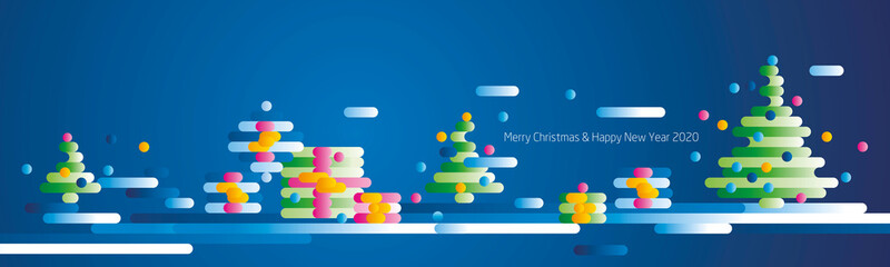 Merry Christmas Happy New Year 2020 modern design with abstract sweet gifts Merry Christmas Happy New Year 2020 modern design with abstract green Christmas trees two fold winter blue greeting card