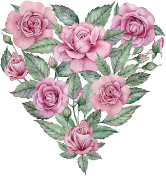 Watercolor heart made of pink roses and green leaves. Valentine's day illustration.