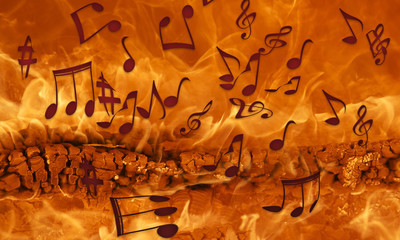 Ilustración que representa una cantidad de notas musicales quemándose en las llamas de un fuego.