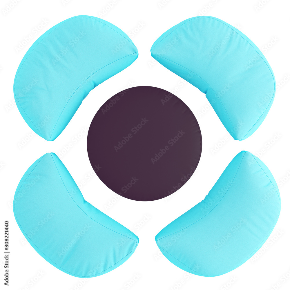 Poster five cloth poufs on a white background on top view. 3d rendering