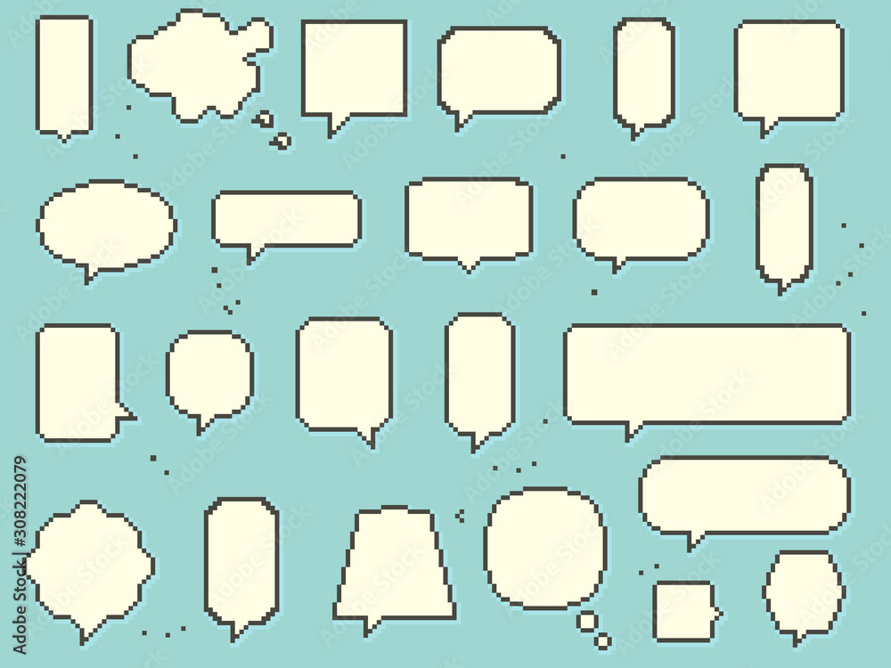 Poster set of blank empty white speech bubbles. pixel art. 8 bit.
