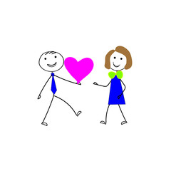 Figurines man and woman happy with a red heart, stick people in love goes to meet each other, Valentine's Day 