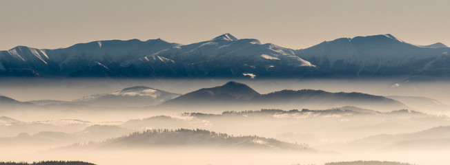 highest part of Krivanska Mala Fatra mountain range from Lysa hora hill in winter Moravskoslezske...