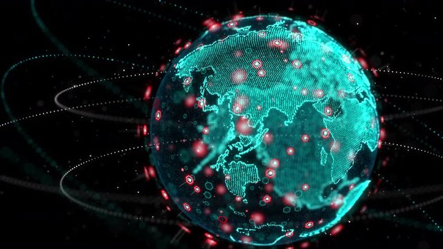 Spinning globe world map and hexagon shape with particle and lighting effect, dark and grain processe