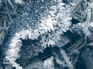 winter background with snowflakes crystals patterns and snow on frozen grass