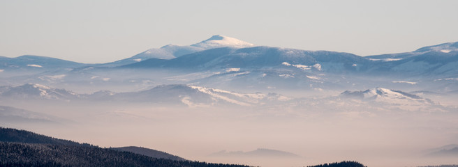 view to Babia hora from Lysa hora hill in winter Moravskoslezske Beskydy mountains in Czech republic