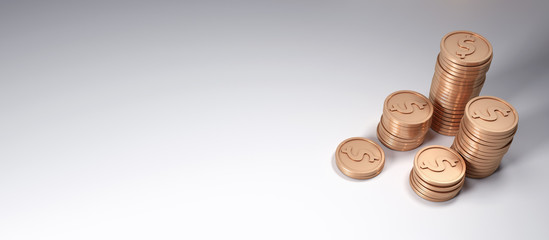 Stylized coin stacks on white mockup background, 3D Illustration