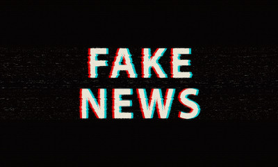 "Fake news" typographic glitch font distortion, illustration. Fake news on internet in modern digital age, post truth concept. 