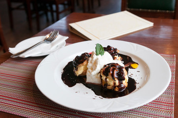 Ice cream on the plate in restaurant
