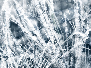 winter background with snowflakes crystals patterns and snow on frozen grass