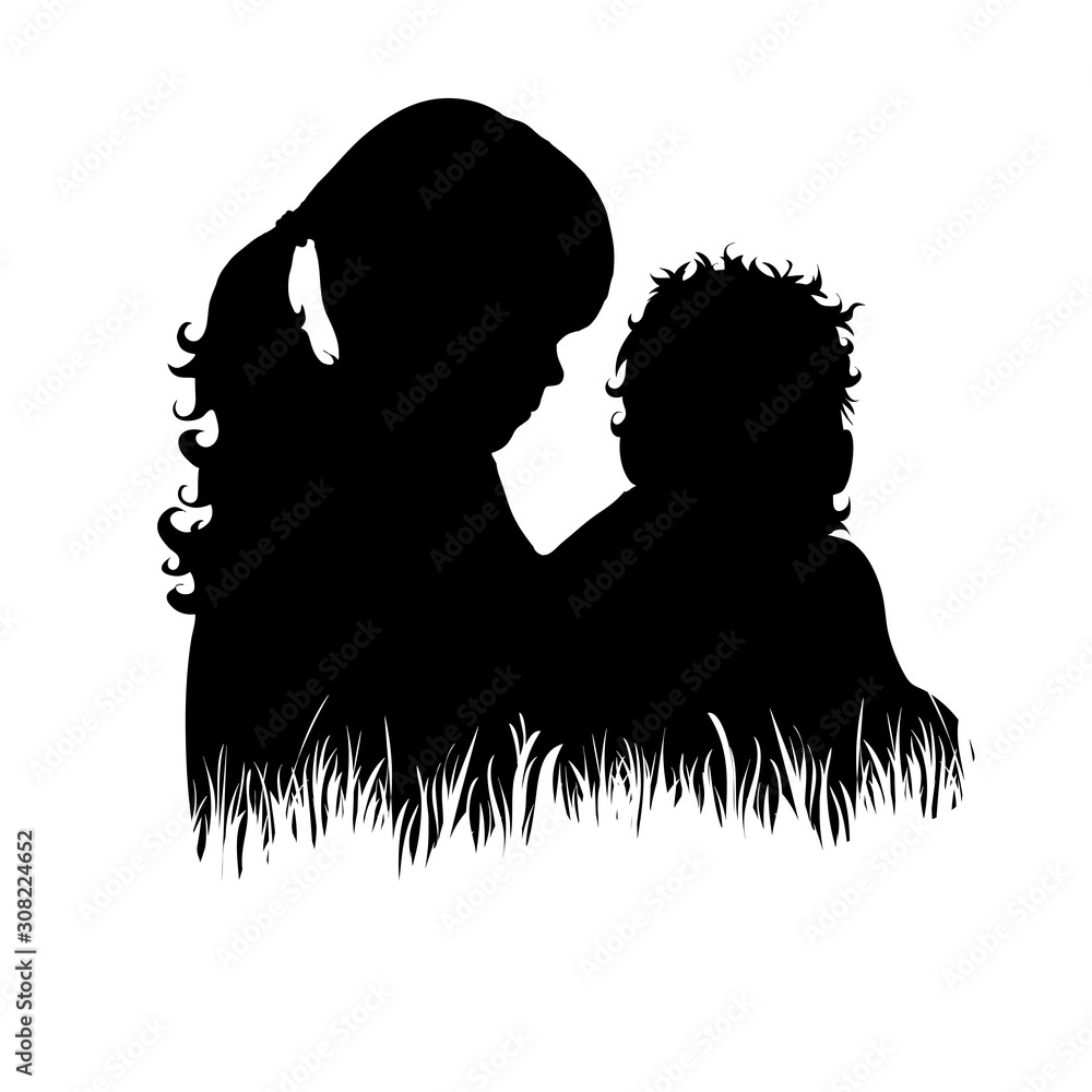 Wall mural Vector silhouette of siblings in the grass on white background. Symbol of girl, boy, sister, brother, baby,family, infant, childhood, nature, park, garden.