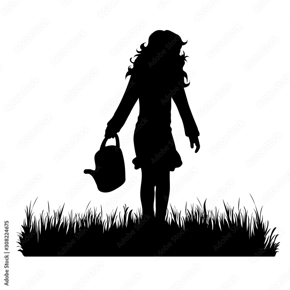 Canvas Prints Vector silhouette of child work in the garden on white background. Symbol of girl, wet, grass, infant, childhood, nature, park, garden.