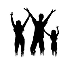 Fototapeta premium Vector silhouette of family in the grass on white background. Symbol of girl, boy, mother, father, daughter, people, nature, park, garden.