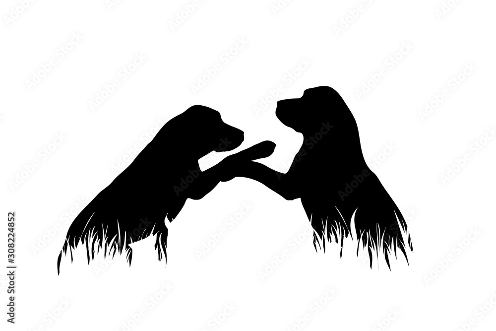 Poster vector silhouette of dogs in the grass on white background. symbol of animal, pet, friends, nature, 