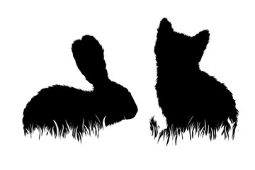 Vector silhouette of cat and rabbit in the grass on white background. Symbol of animal, farm, kitty, garden, home, nature, pasture.