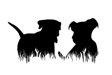 Vector silhouette of dogs in the grass on white background. Symbol of animal, pet, friends, nature, puppy, park, garden.