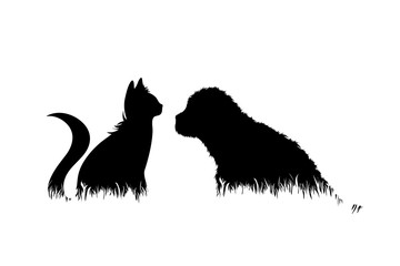 Vector silhouette of dog and cat in the grass on white background. Symbol of animal, pet, kitty, friends, nature, park, garden.