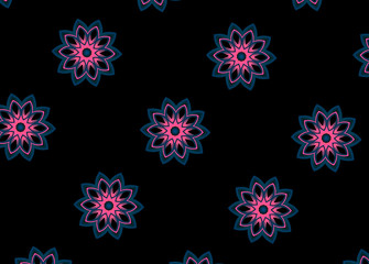 Bright neon blue, green mandala. Oriental illustration. Geometric shapes kaleidoscope. Simple, minimalistic ornamental symbol on black background. Yoga, meditation, tantra banner, card template. Boho