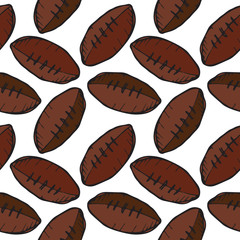 Vector pattern illustration cartoon style of rugby, football ball drawn in brown and black ink