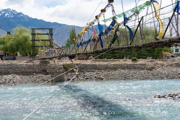 Ladakh, India - Jun 26 2019 - MAITRI BRIDGE on Indus River in Choglamsar, Ladakh, Jammu and...
