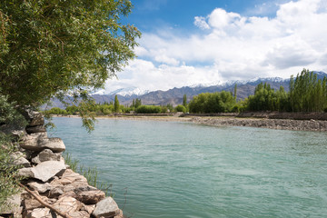 Ladakh, India - Jun 26 2019 - Indus River in Choglamsar, Ladakh, Jammu and Kashmir, India.