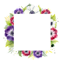 Frame from flowers anemone. Watercolor hand drawn illustration