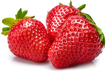Fresh berry strawberry with green leaf. Fruity still life healthy food. Isolated on white...