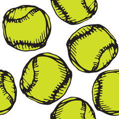 Vector pattern illustration cartoon style of tennis ball drawn in green and black ink