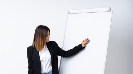 Young woman giving a presentation on white board giving a presentation on white board