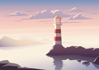 Vector landscape with lighthouse illustration. Sunset at sea.