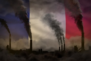 Dark pollution, fight against climate change concept - plant chimneys heavy smoke on France flag background - industrial 3D illustration