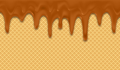 Background with melting chocolate on wafer. Brown cream.