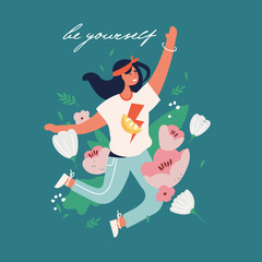 Vector illustration girl jumping with flowers and blossom, leaves. Happy woman enjoying yourself.