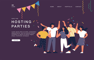 Landing page template for websites with young people having great time. Hosting parties concept banner illustration.