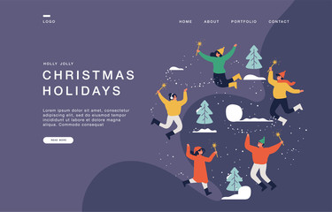 Landing page template for websites with warmly dressed people are jumping and holding sparkles. Cartoon Christmas concept banner illustration.