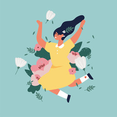 Vector illustration girl jumping with flowers and blossom, leaves. Happy woman enjoying yourself.