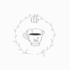Cup of coffee in floral frame. Hand drawn vector illustration, sketch