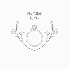 Hand drawn isolated vintage wedding engagement ring in floral frame with branches, sketch, doodle. Vector illustration. Logo Branding Simple Line art, outlined, linear