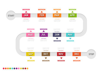 Timeline for 1 year, 12 months, infographics month planner design vector 12 steps and Presentation business can be used for Business concept with 12 options, steps or processes. 