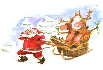 Santa Claus pull sleds with two reindeer drinking cocktails