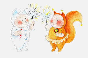 Children smile and burn sparklers around the Christmas Tree