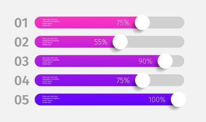 Modern colorful purple and blue gradient 3d chart, graph. Template for horizontal diagram, presentation. 5 Infographics elements. Vector illustration