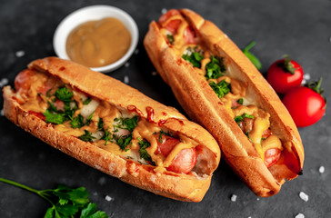 french hot dogs baked with cheese and mustard on a stone background