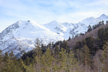 Winter snow forest landscape on mountain Elbrus, ski resort, the Republic of Kabardino-Balkaria, Russia.